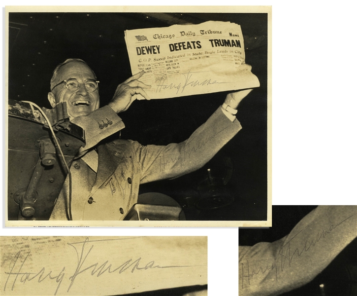 Harry Truman Twice-Signed 10 x 8 Photograph, Famously Showing Truman Holding Up the Dewey Defeats Truman Newspaper -- Original UPI Press Photo -- With University Archives COA